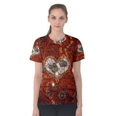 Steampunk, Wonderful Heart With Clocks And Gears On Red Background Women s Cotton Tee