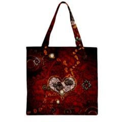 Steampunk, Wonderful Heart With Clocks And Gears On Red Background Zipper Grocery Tote Bag