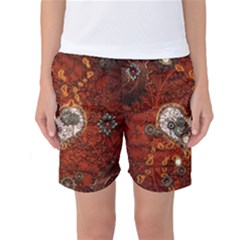 Steampunk, Wonderful Heart With Clocks And Gears On Red Background Women s Basketball Shorts