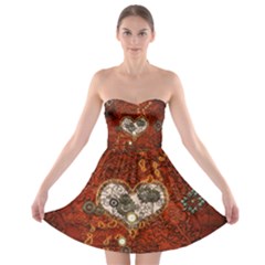 Steampunk, Wonderful Heart With Clocks And Gears On Red Background Strapless Dresses