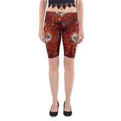 Steampunk, Wonderful Heart With Clocks And Gears On Red Background Yoga Cropped Leggings