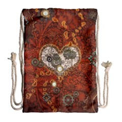 Steampunk, Wonderful Heart With Clocks And Gears On Red Background Drawstring Bag (large) by FantasyWorld7