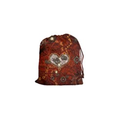 Steampunk, Wonderful Heart With Clocks And Gears On Red Background Drawstring Pouches (xs) 