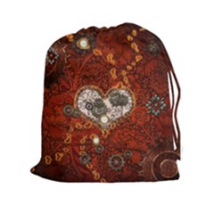 Steampunk, Wonderful Heart With Clocks And Gears On Red Background Drawstring Pouches (xxl)