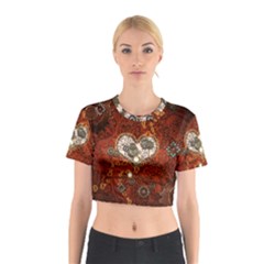 Steampunk, Wonderful Heart With Clocks And Gears On Red Background Cotton Crop Top