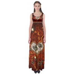 Steampunk, Wonderful Heart With Clocks And Gears On Red Background Empire Waist Maxi Dress