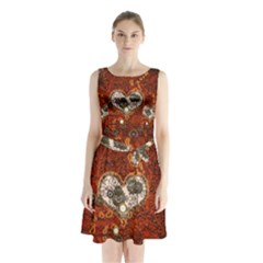 Steampunk, Wonderful Heart With Clocks And Gears On Red Background Sleeveless Chiffon Waist Tie Dress