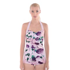 Spiral Eucalyptus Leaves Boyleg Halter Swimsuit 