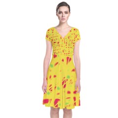 Yellow And Red Short Sleeve Front Wrap Dress