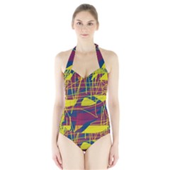 Yellow High Art Abstraction Halter Swimsuit