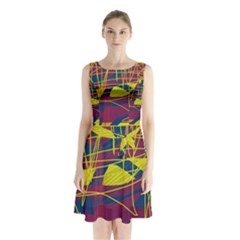 Yellow High Art Abstraction Sleeveless Chiffon Waist Tie Dress