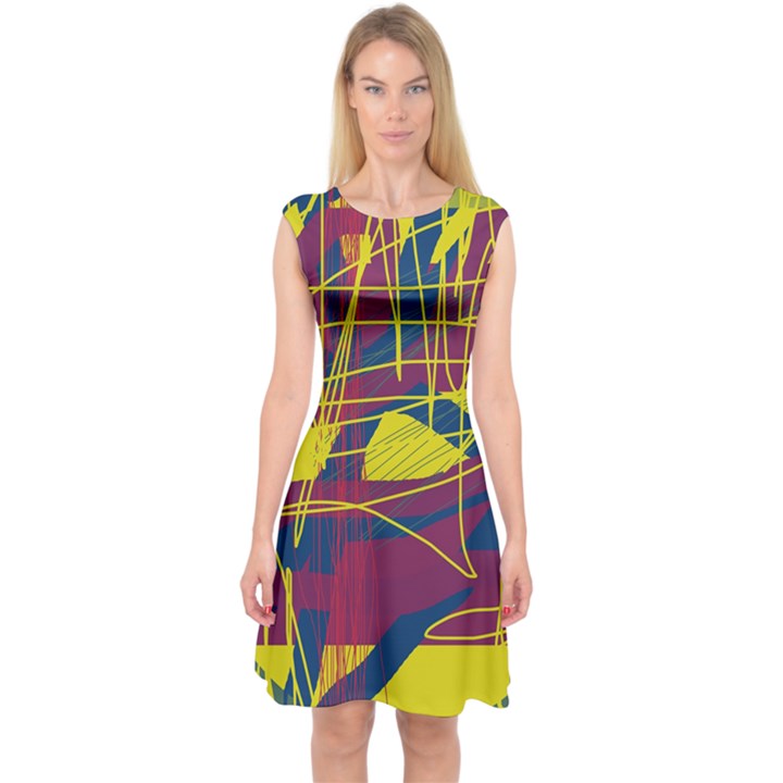 Yellow high art abstraction Capsleeve Midi Dress