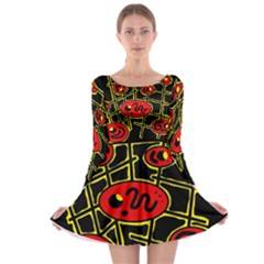 Red And Yellow Hot Design Long Sleeve Skater Dress