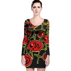 Red And Yellow Hot Design Long Sleeve Velvet Bodycon Dress