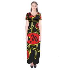 Red And Yellow Hot Design Short Sleeve Maxi Dress