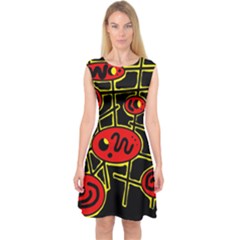 Red And Yellow Hot Design Capsleeve Midi Dress