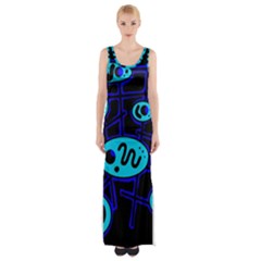 Blue Decorative Design Maxi Thigh Split Dress