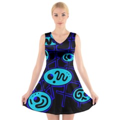 Blue Decorative Design V-neck Sleeveless Skater Dress