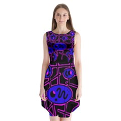 Blue And Magenta Abstraction Sleeveless Chiffon Dress  