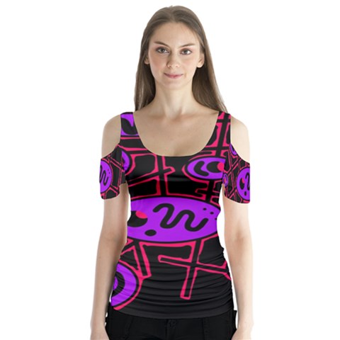 Purple And Red Abstraction Butterfly Sleeve Cutout Tee  by Valentinaart