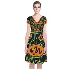 Orange And Green Abstraction Short Sleeve Front Wrap Dress