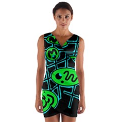 Green And Blue Abstraction Wrap Front Bodycon Dress