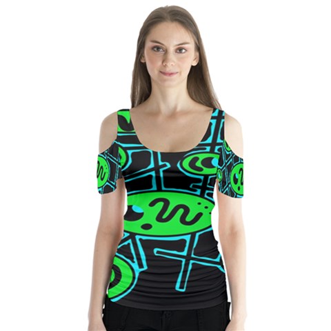 Green And Blue Abstraction Butterfly Sleeve Cutout Tee  by Valentinaart