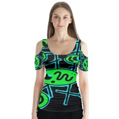 Green And Blue Abstraction Butterfly Sleeve Cutout Tee 