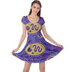 Purple And Yellow Abstraction Cap Sleeve Dresses