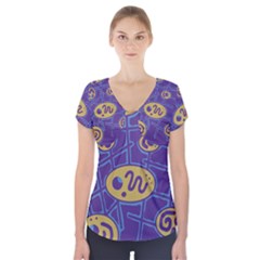 Purple And Yellow Abstraction Short Sleeve Front Detail Top