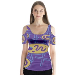 Purple And Yellow Abstraction Butterfly Sleeve Cutout Tee 