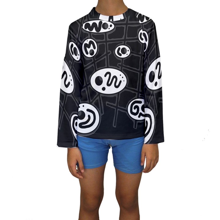 Black and white crazy abstraction  Kid s Long Sleeve Swimwear