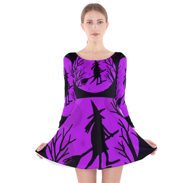 Halloween witch - Purple moon Long Sleeve Velvet Skater Dress