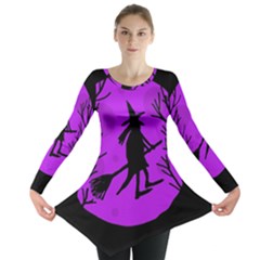 Halloween Witch - Purple Moon Long Sleeve Tunic  by Valentinaart