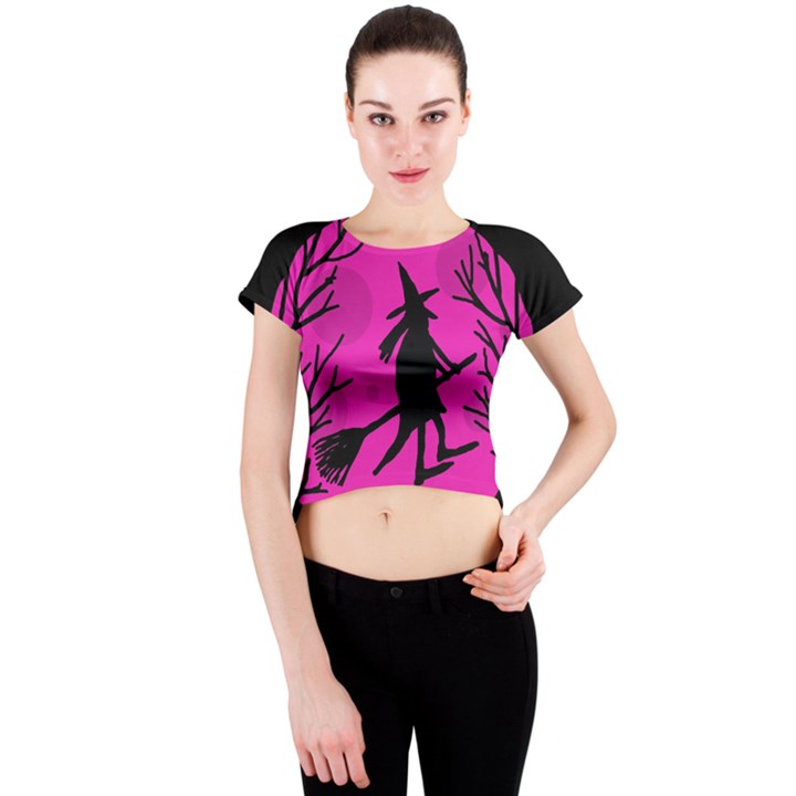 Halloween witch - pink moon Crew Neck Crop Top