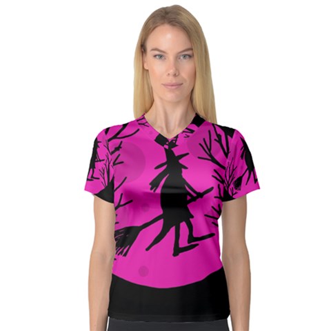 Halloween Witch - Pink Moon Women s V-neck Sport Mesh Tee by Valentinaart