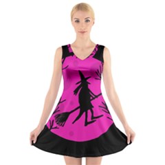 Halloween Witch - Pink Moon V-neck Sleeveless Skater Dress