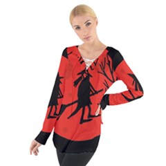 Halloween Witch - Red Moon Women s Tie Up Tee