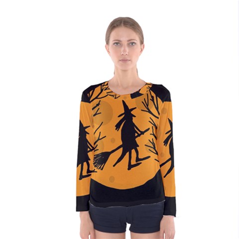 Halloween Witch - Orange Moon Women s Long Sleeve Tee by Valentinaart