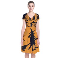 Halloween Witch - Orange Moon Short Sleeve Front Wrap Dress