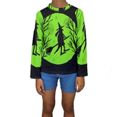 Halloween Witch - Green Moon Kid s Long Sleeve Swimwear