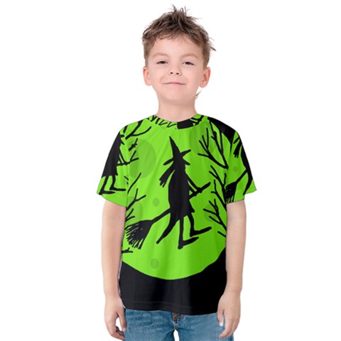 Halloween Witch - Green Moon Kid s Cotton Tee by Valentinaart