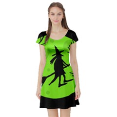 Halloween Witch - Green Moon Short Sleeve Skater Dress by Valentinaart