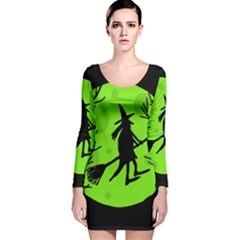 Halloween Witch - Green Moon Long Sleeve Velvet Bodycon Dress