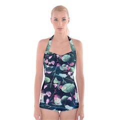 Modern Green And Pink Leaves Boyleg Halter Swimsuit 