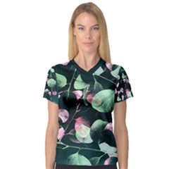 Modern Green And Pink Leaves Women s V-neck Sport Mesh Tee