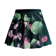 Modern Green And Pink Leaves Mini Flare Skirt