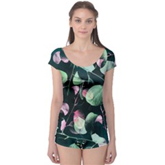 Modern Green And Pink Leaves Boyleg Leotard 