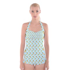 Tropical Watercolour Pineapple Pattern Boyleg Halter Swimsuit 