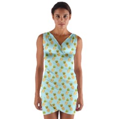 Tropical Watercolour Pineapple Pattern Wrap Front Bodycon Dress